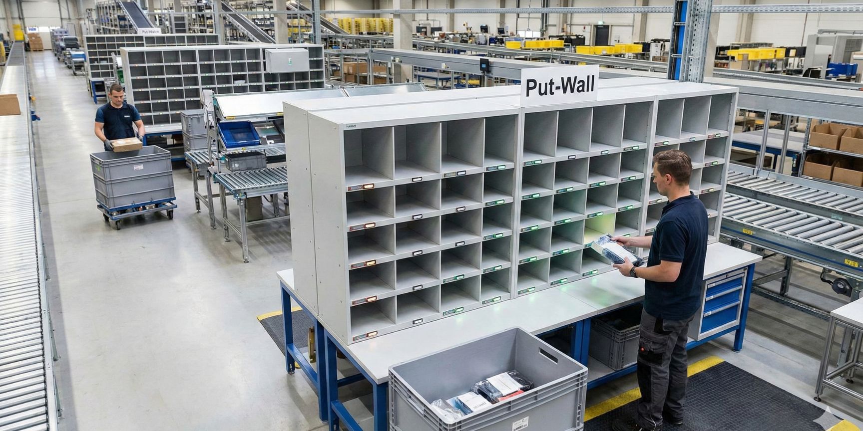 Process of batch picking at a put wall system in a fulfillment center with conveyor technology
